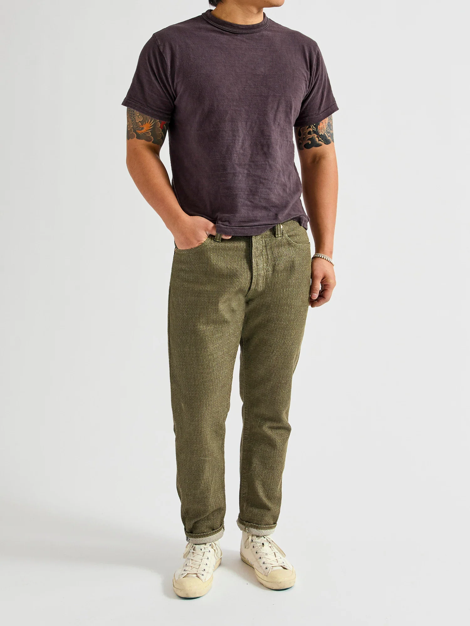 1170-2-OLV Olive Sashiko Denim - Relaxed Tapered Fit - Image 15