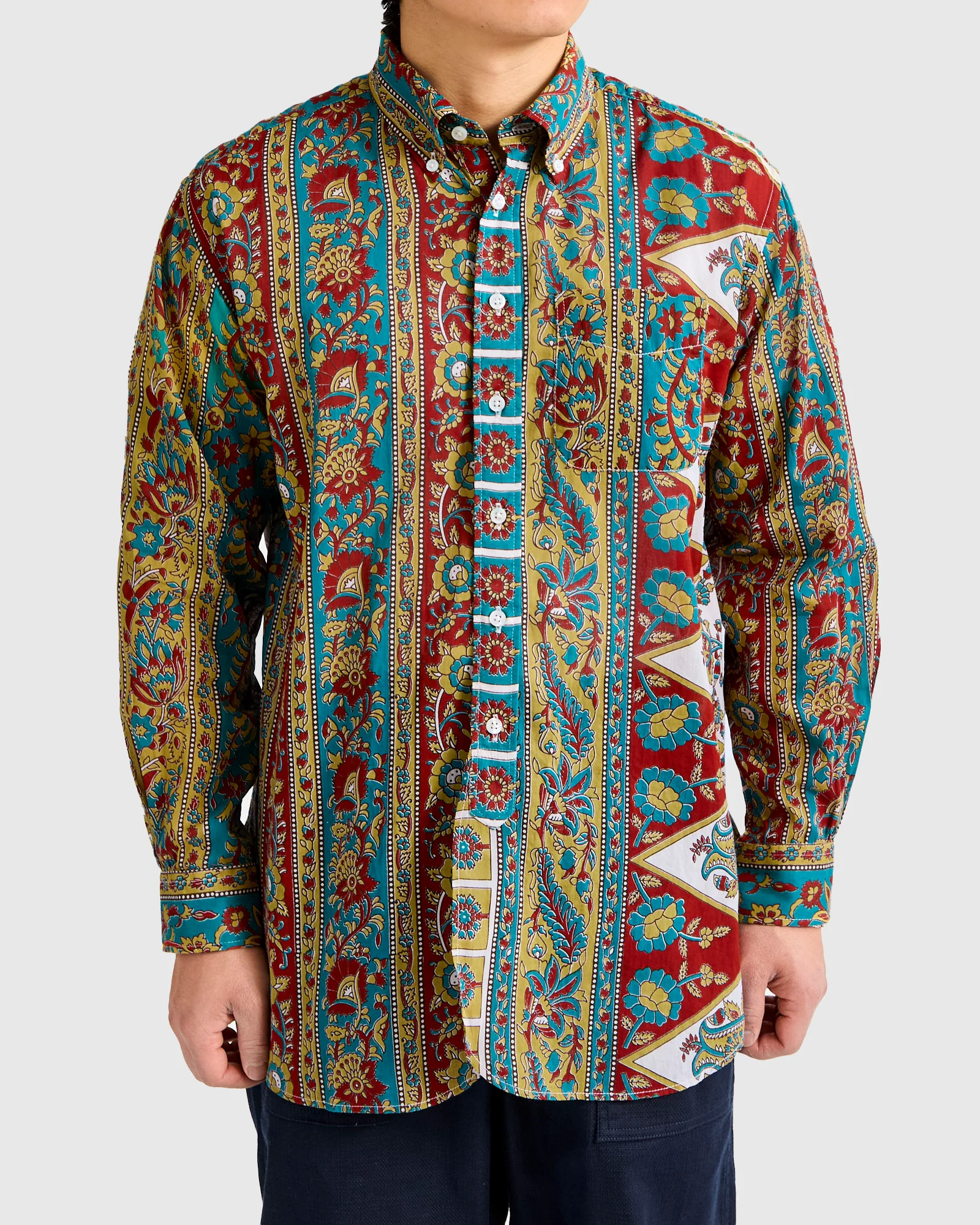 19th Century Button-Down Shirt in Jade Khaki Floral Stripe - Image 2