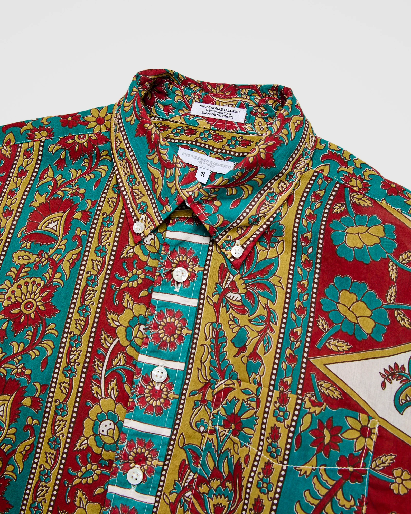 19th Century Button-Down Shirt in Jade Khaki Floral Stripe - Image 5