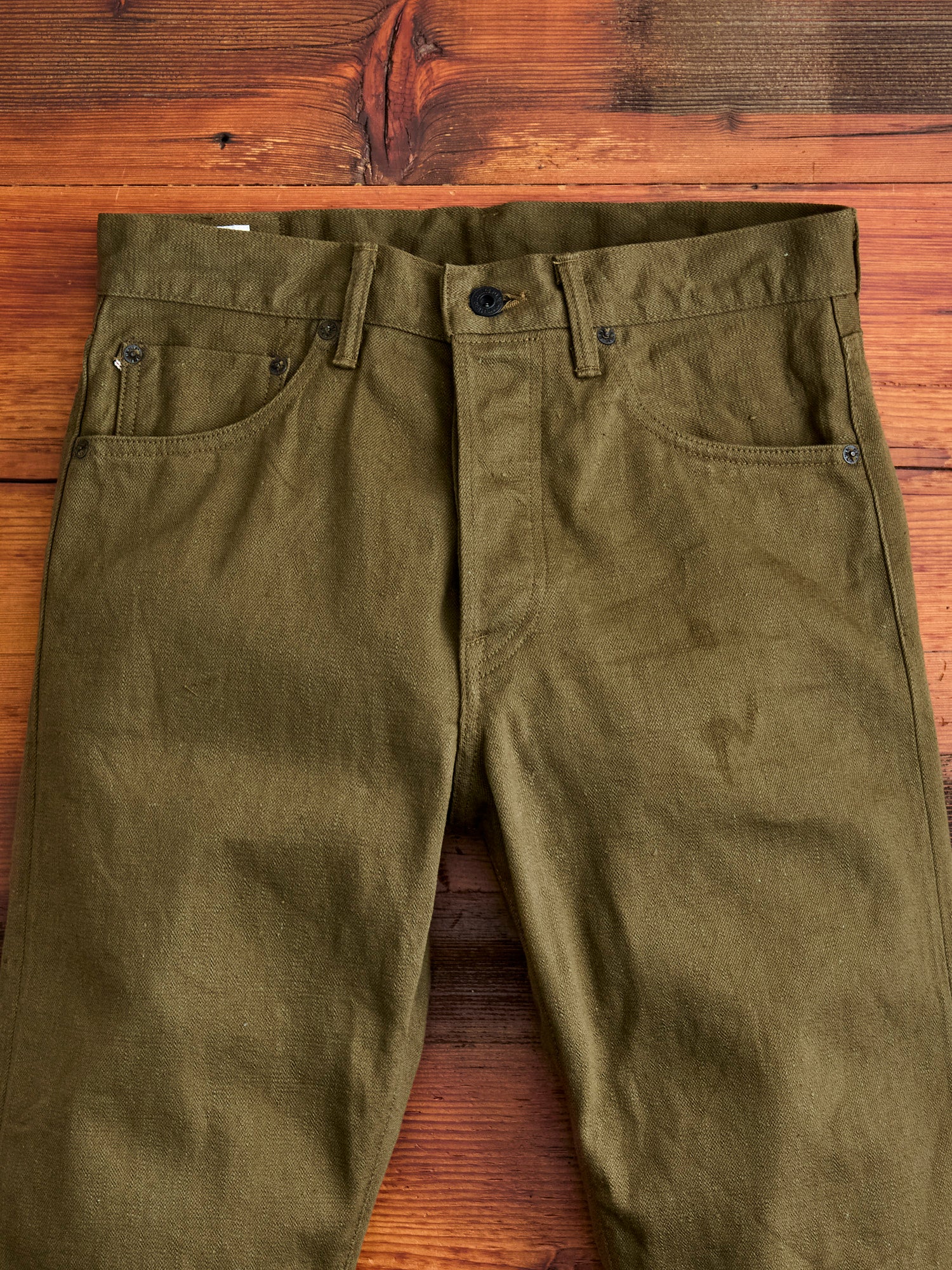 246-OLOL "Low Tension Olive" 12oz Selvedge Denim - Clean Straight Fit - Image 4