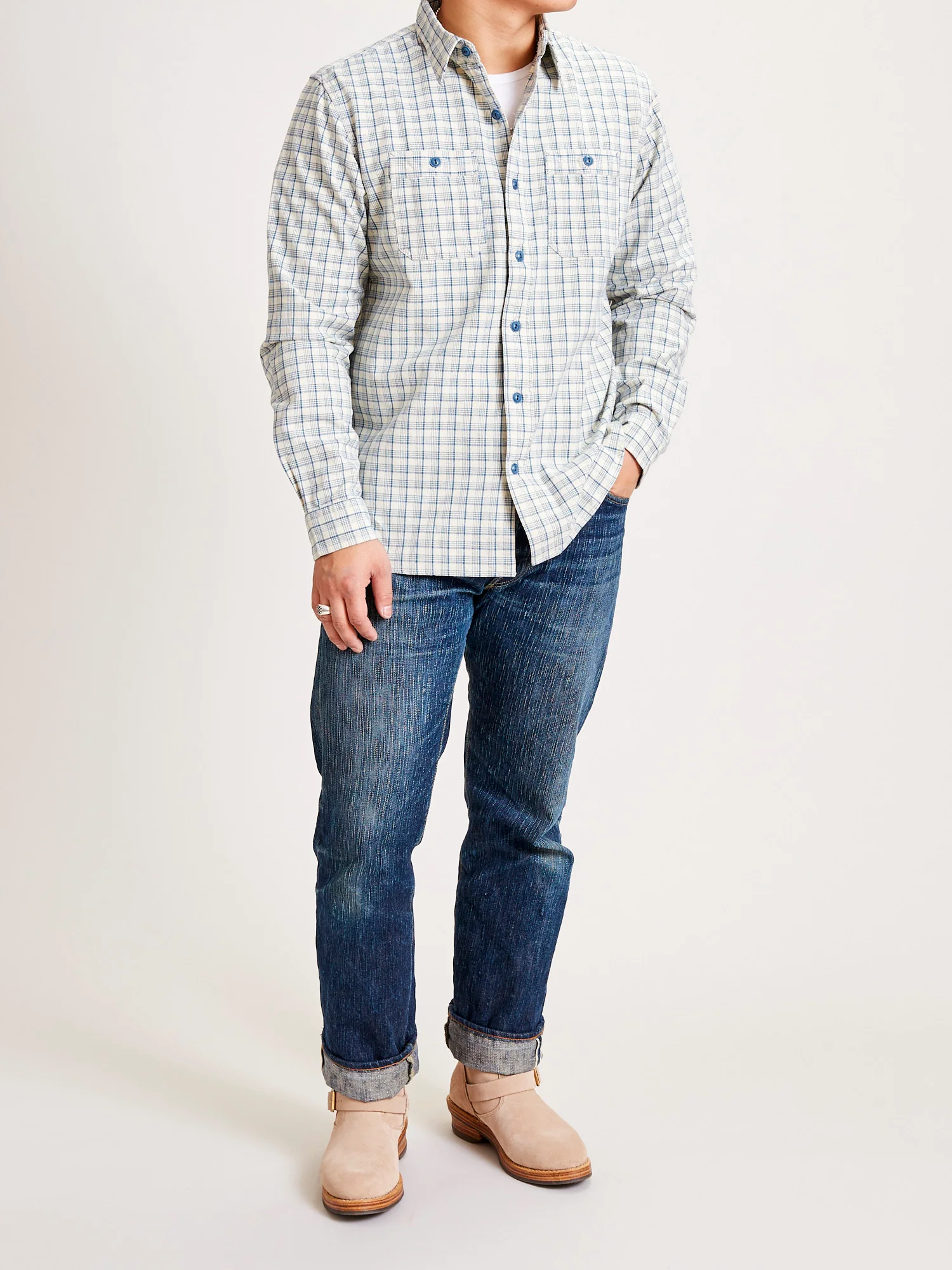 Alaska Plaid Workshirt in Cream/Blue - Image 10