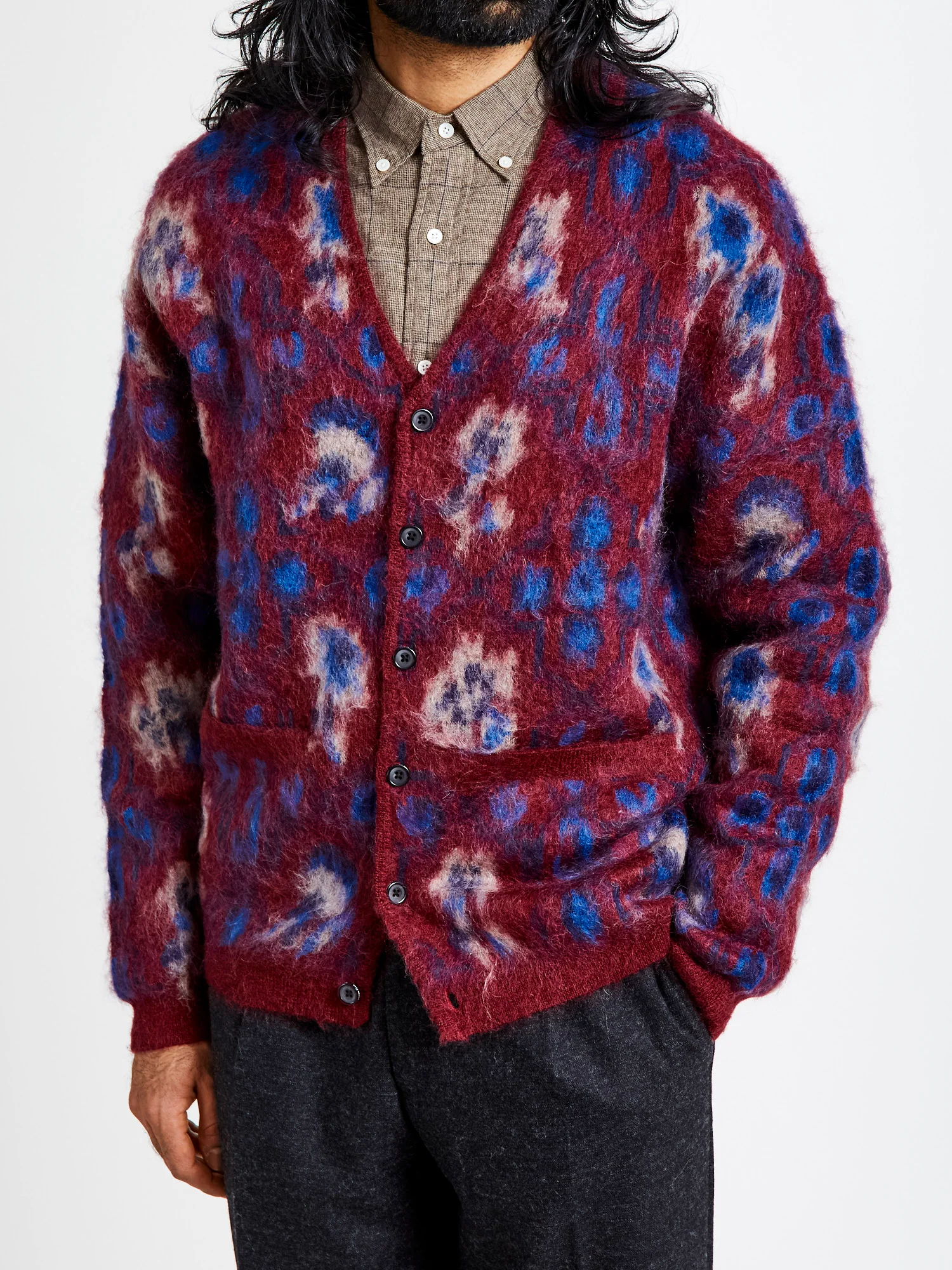 Botanical Pattern Jacquard Cardigan in Burgundy - Image 2