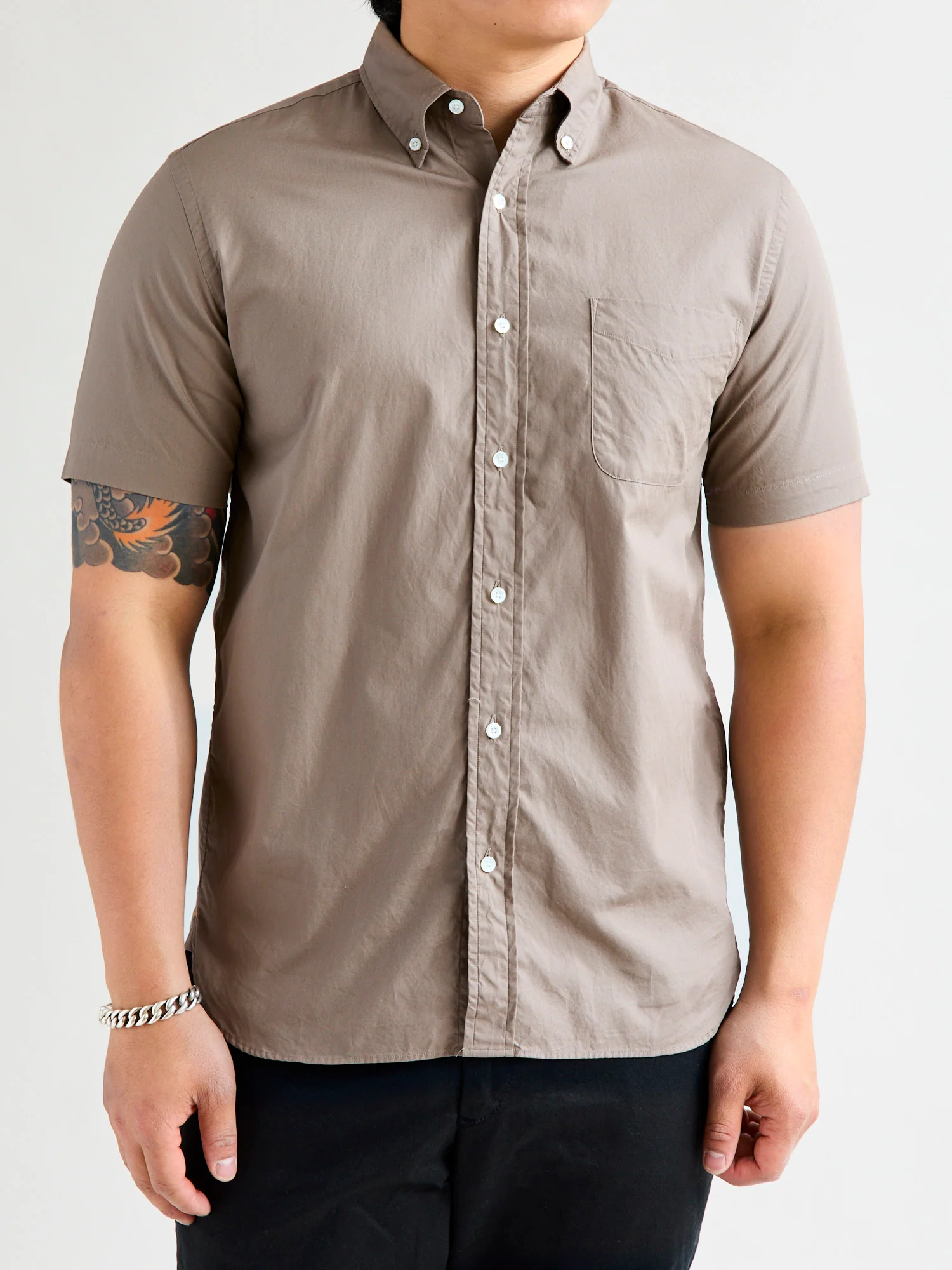 Broad Cloth Short Sleeve Button-Down Shirt in Beige - Image 2