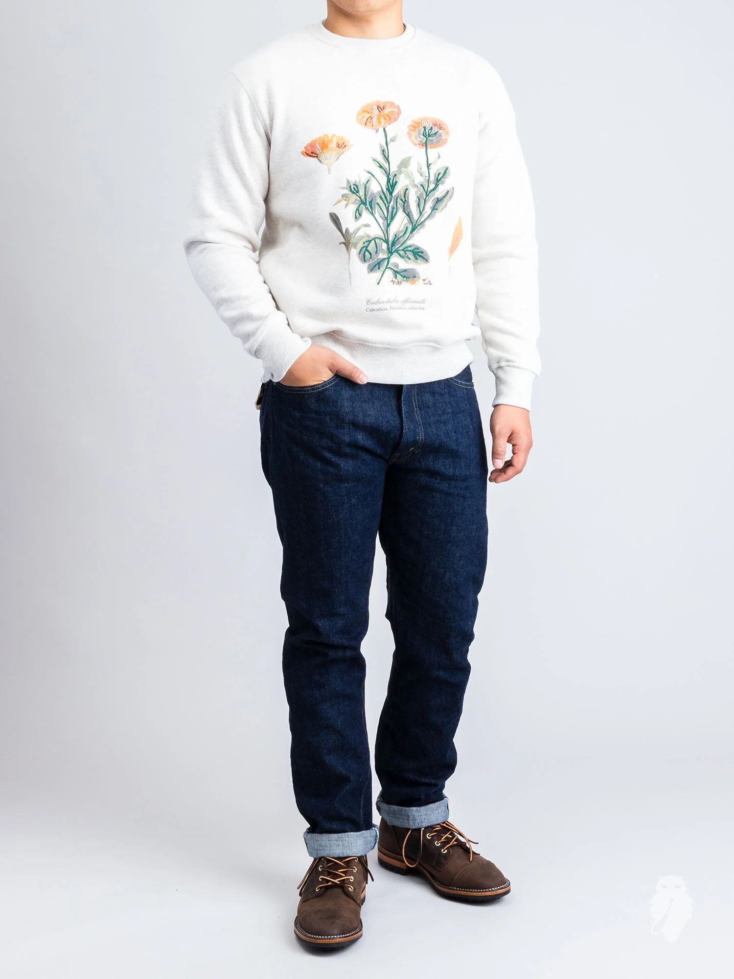 "Calendula Embroidery" Crewneck Sweater in White Melange - Image 10