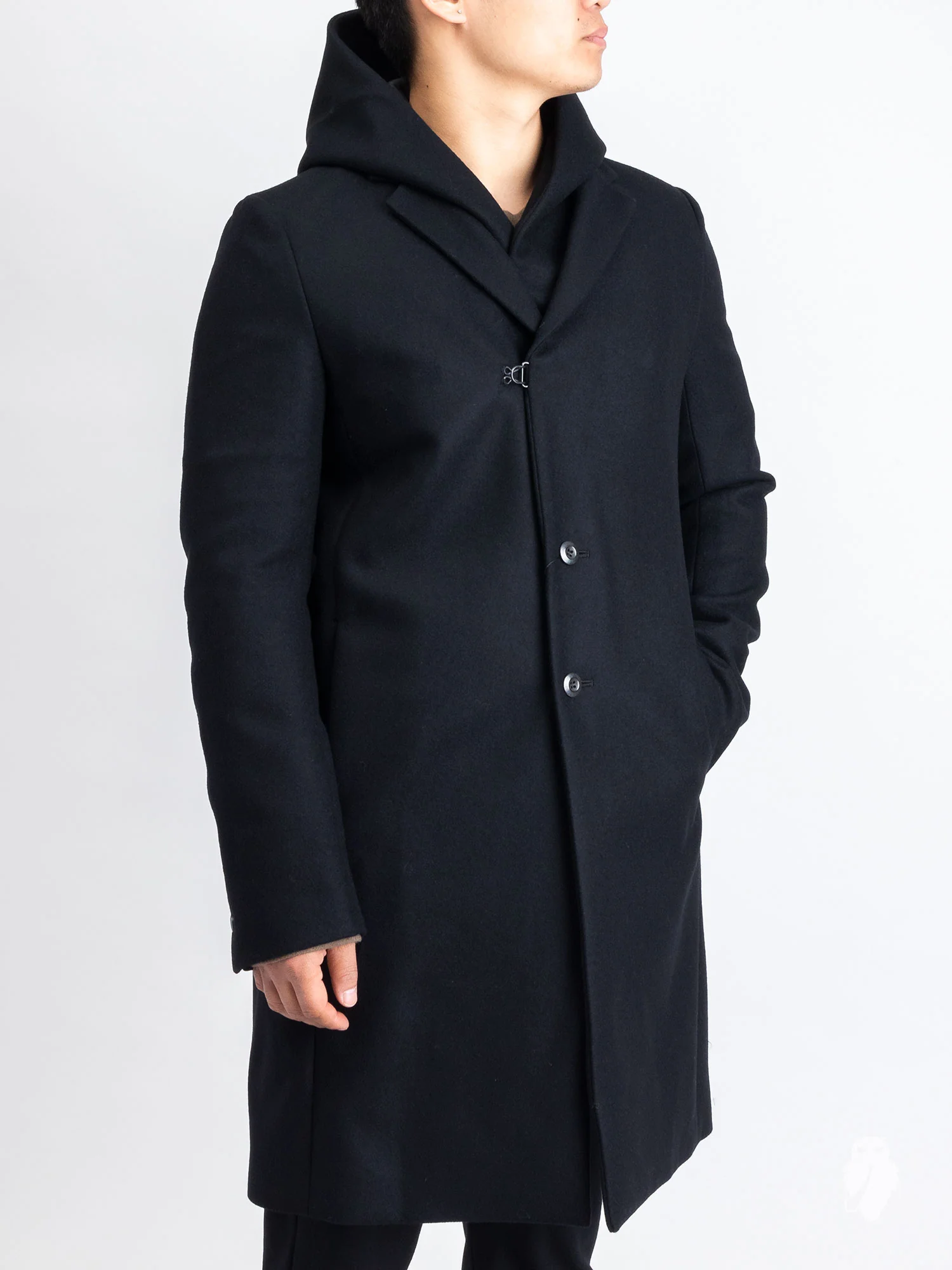 Cashmere Melton Hooded Chesterfield Coat in Black - Image 2