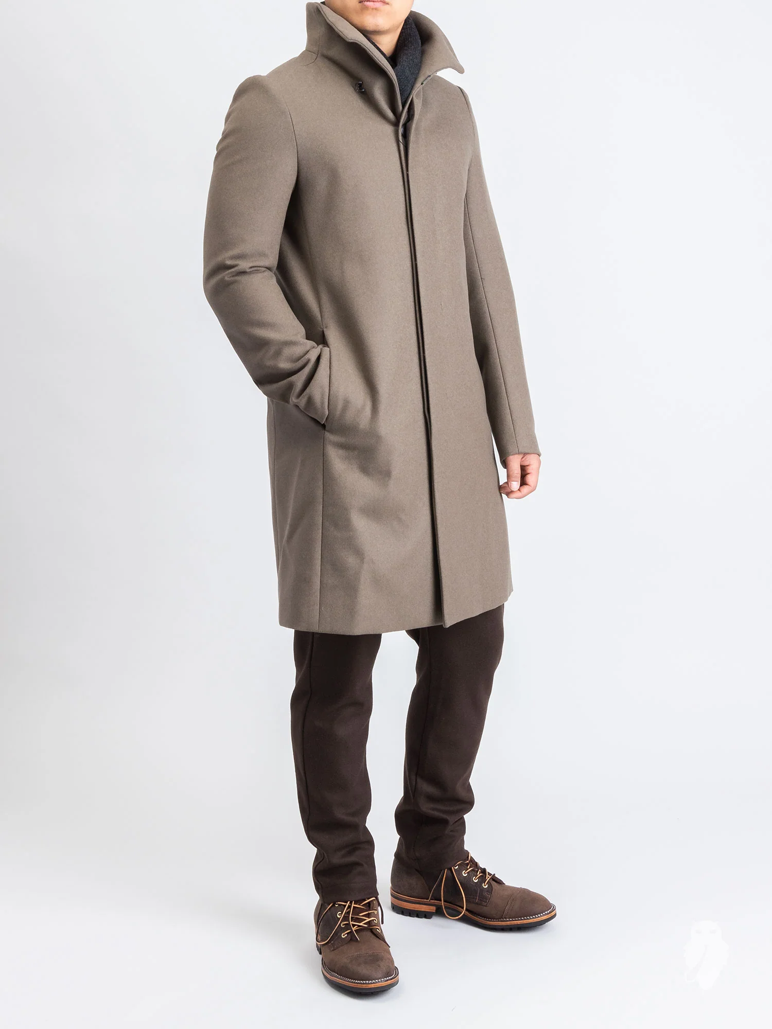 Cashmere Melton Stand Collar Coat in Khaki - Image 11