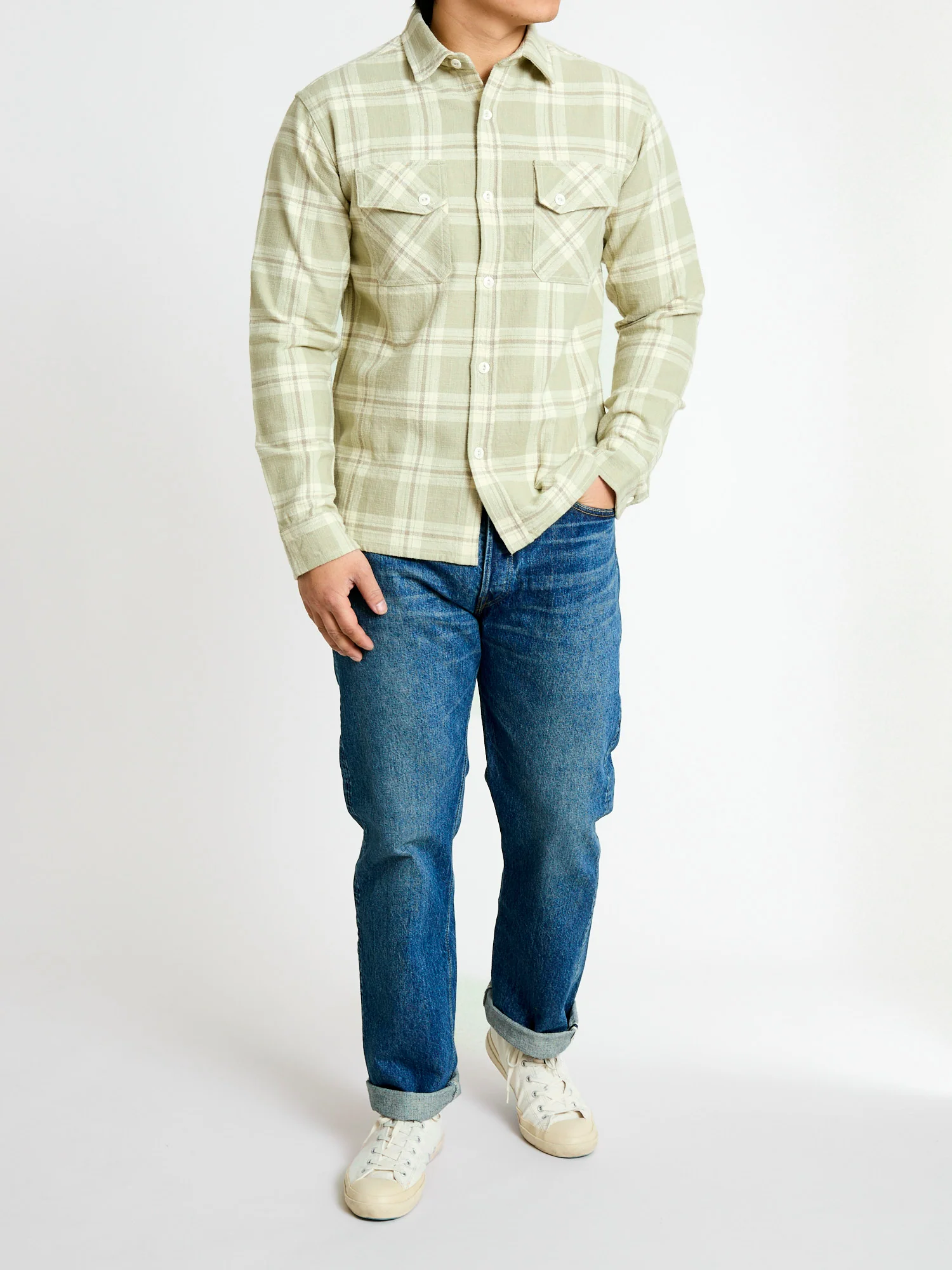 Crosscut Flannel in Seafoam Slub Check - Image 10