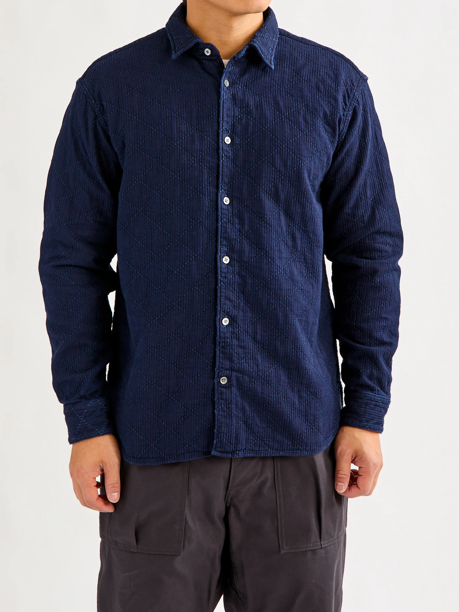Diamond Sashiko Button-Down Shirt in Indigo Overdye - Image 2