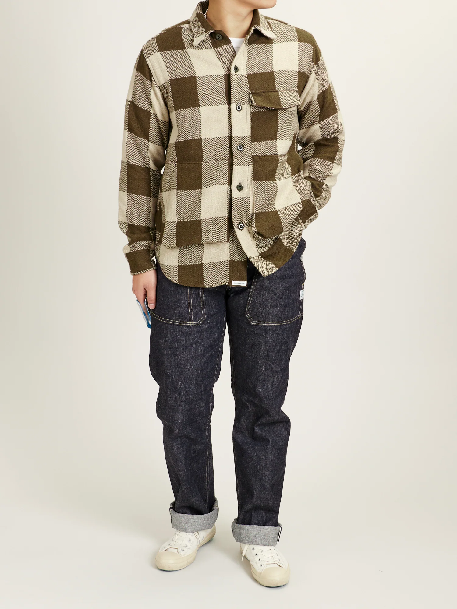 Digs Crew Half Shirt in Olive Herringbone Check - Image 12