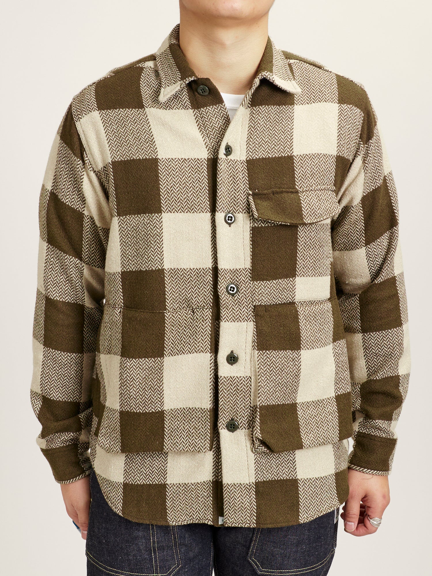 Digs Crew Half Shirt in Olive Herringbone Check - Image 2