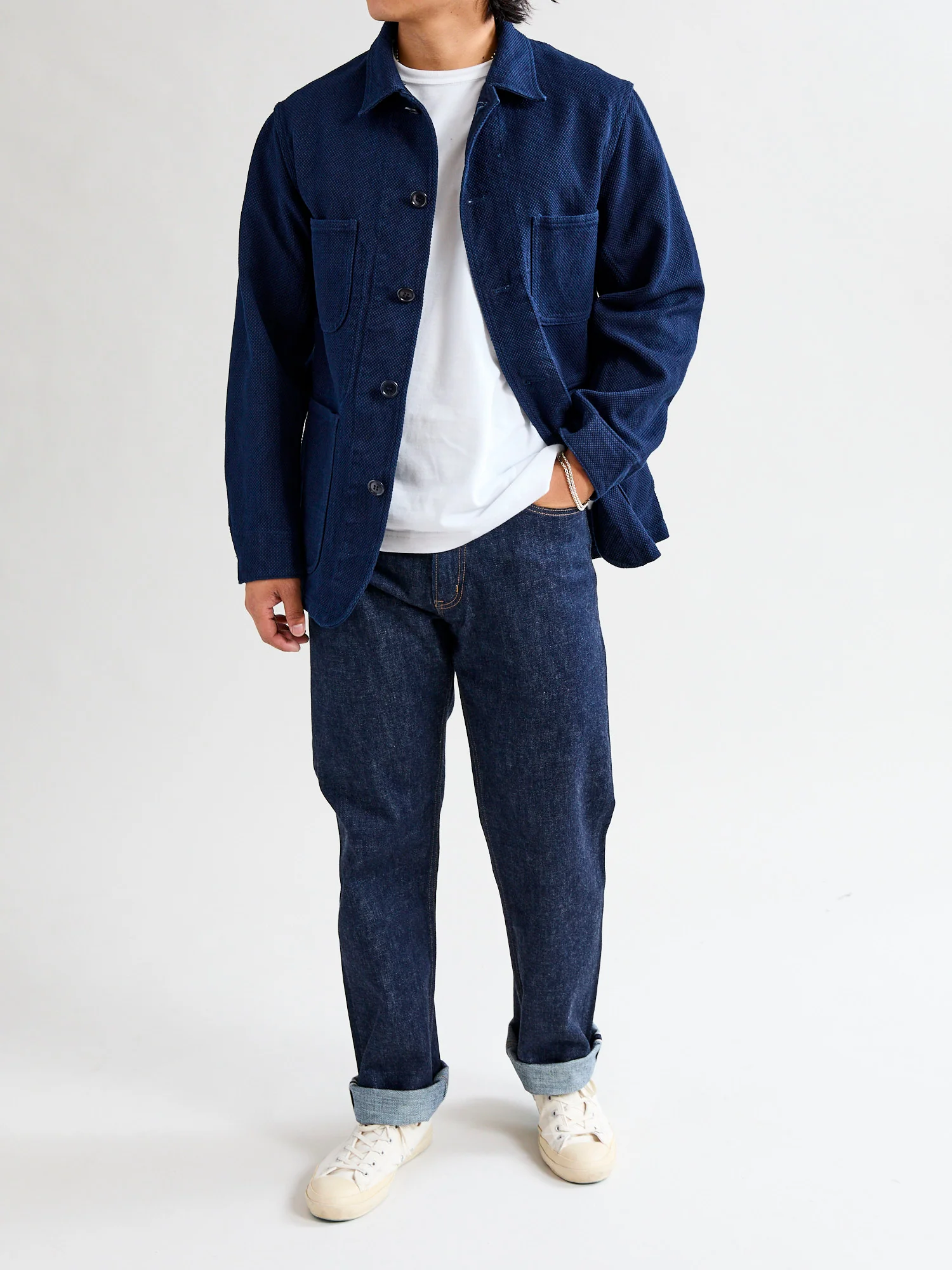 Double Cloth Sashiko Coverall Jacket in Hand Dyed Indigo - Image 10
