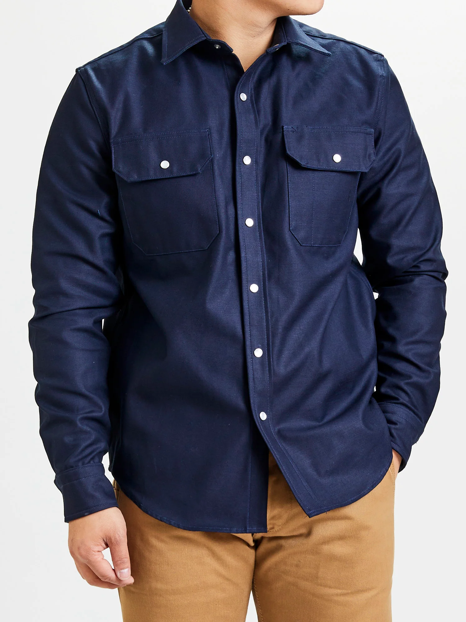 Drover Overshirt in Navy Sateen - Image 2