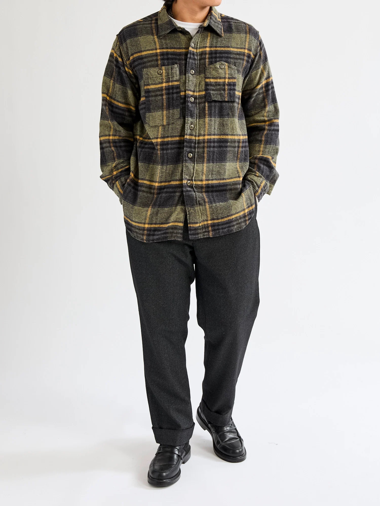 Flannel Work Shirt in Yellow Grey Plaid - Image 8