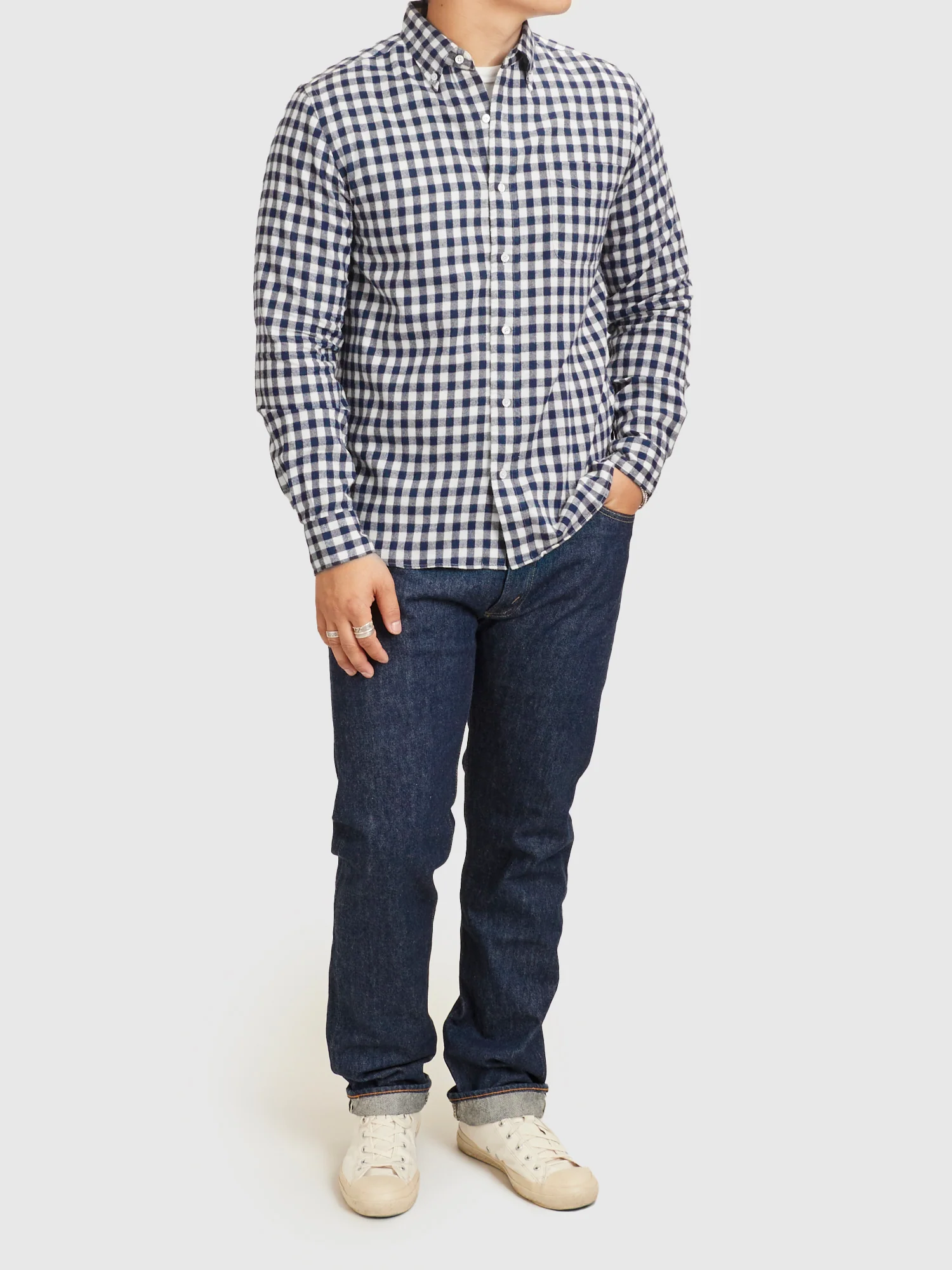 Gingham Check Button-Down Shirt in Navy - Image 11