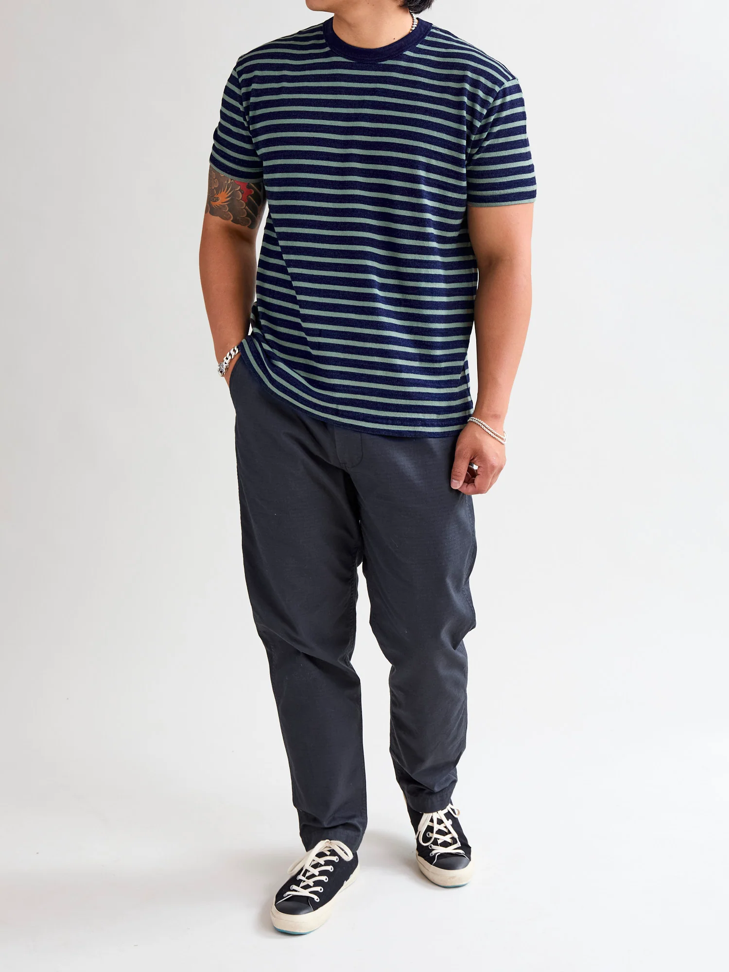Heavyweight Striped T-shirt in Indigo x Olive - Image 8