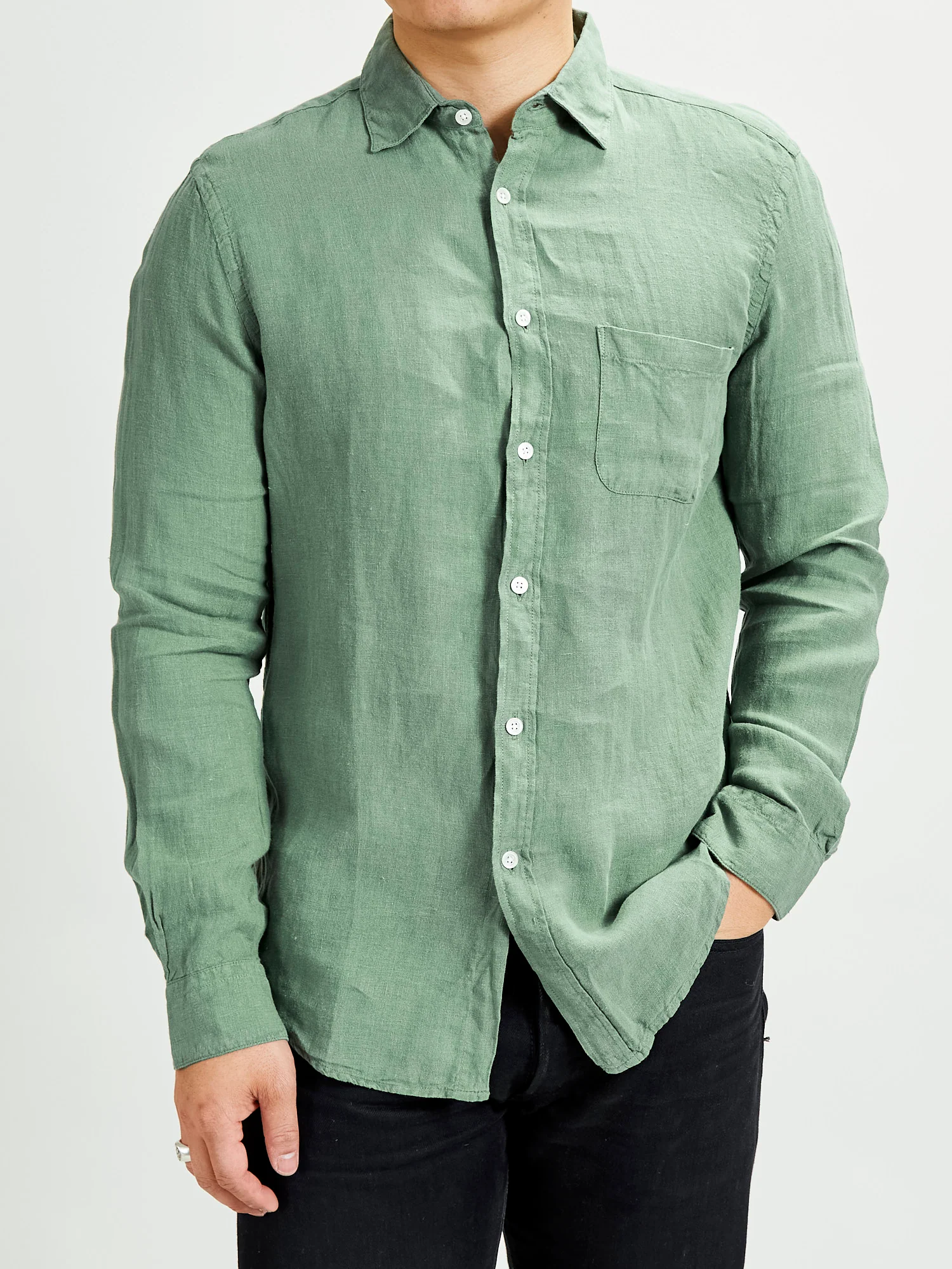 Linen Button-Up Shirt in Dry Green - Image 2