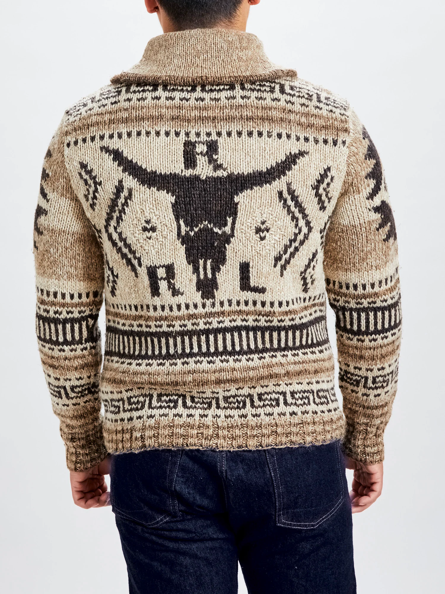 Linen-Silk Shawl Collar Cardigan in Brown Tan Multi - Image 2
