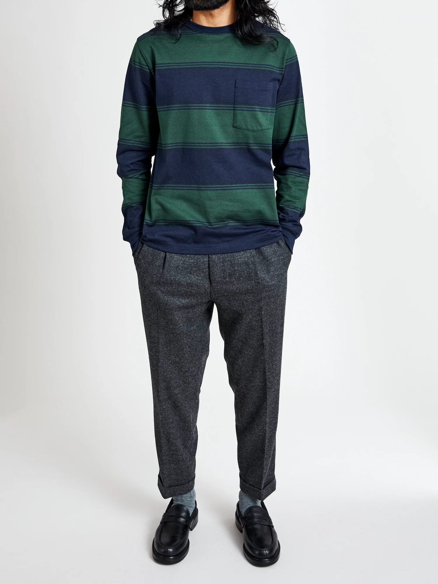 Long Sleeve Stripe Pocket T-Shirt in Navy - Image 8