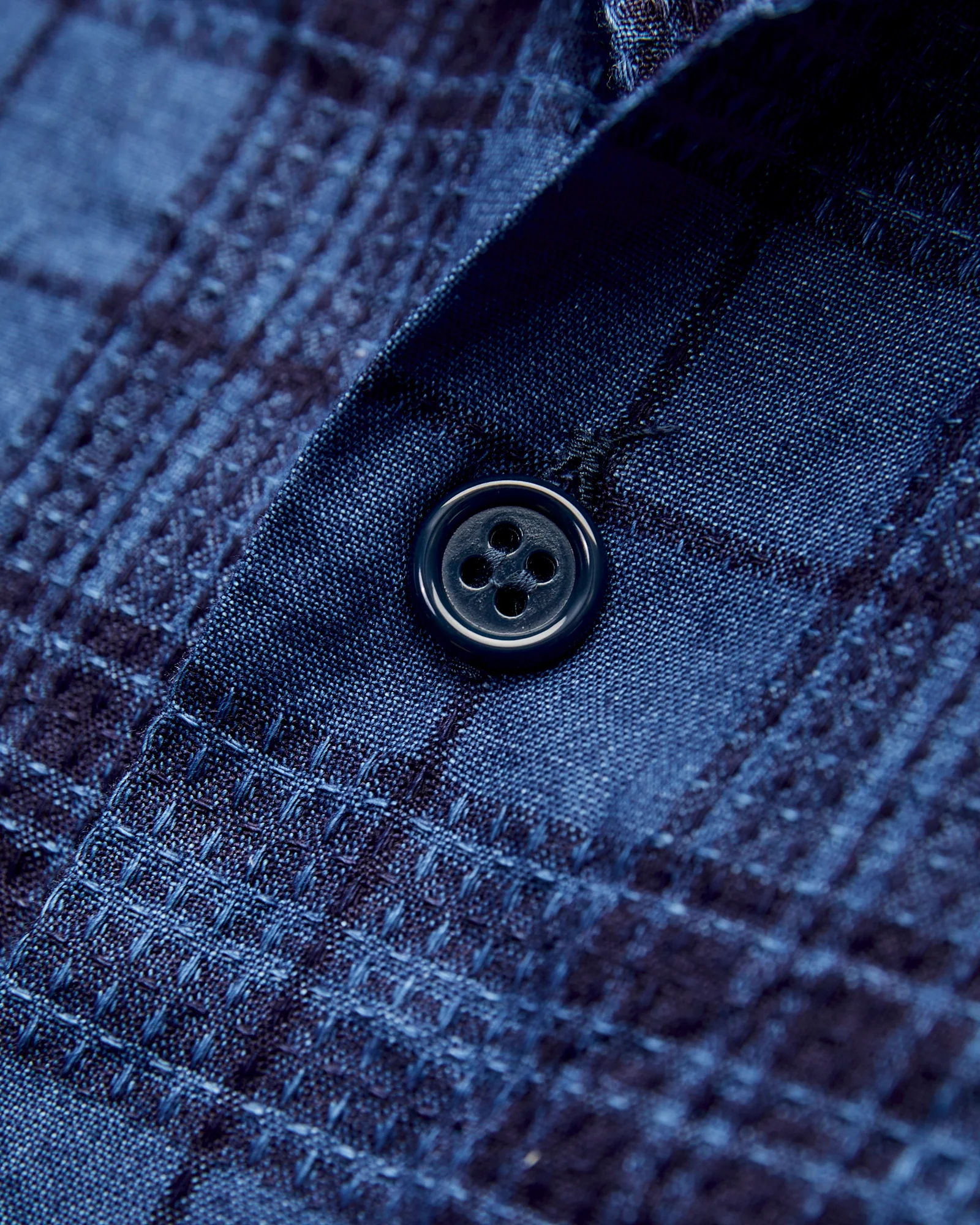 MIL Dobby Plaid Open Collar Shirt in Indigo - Image 5