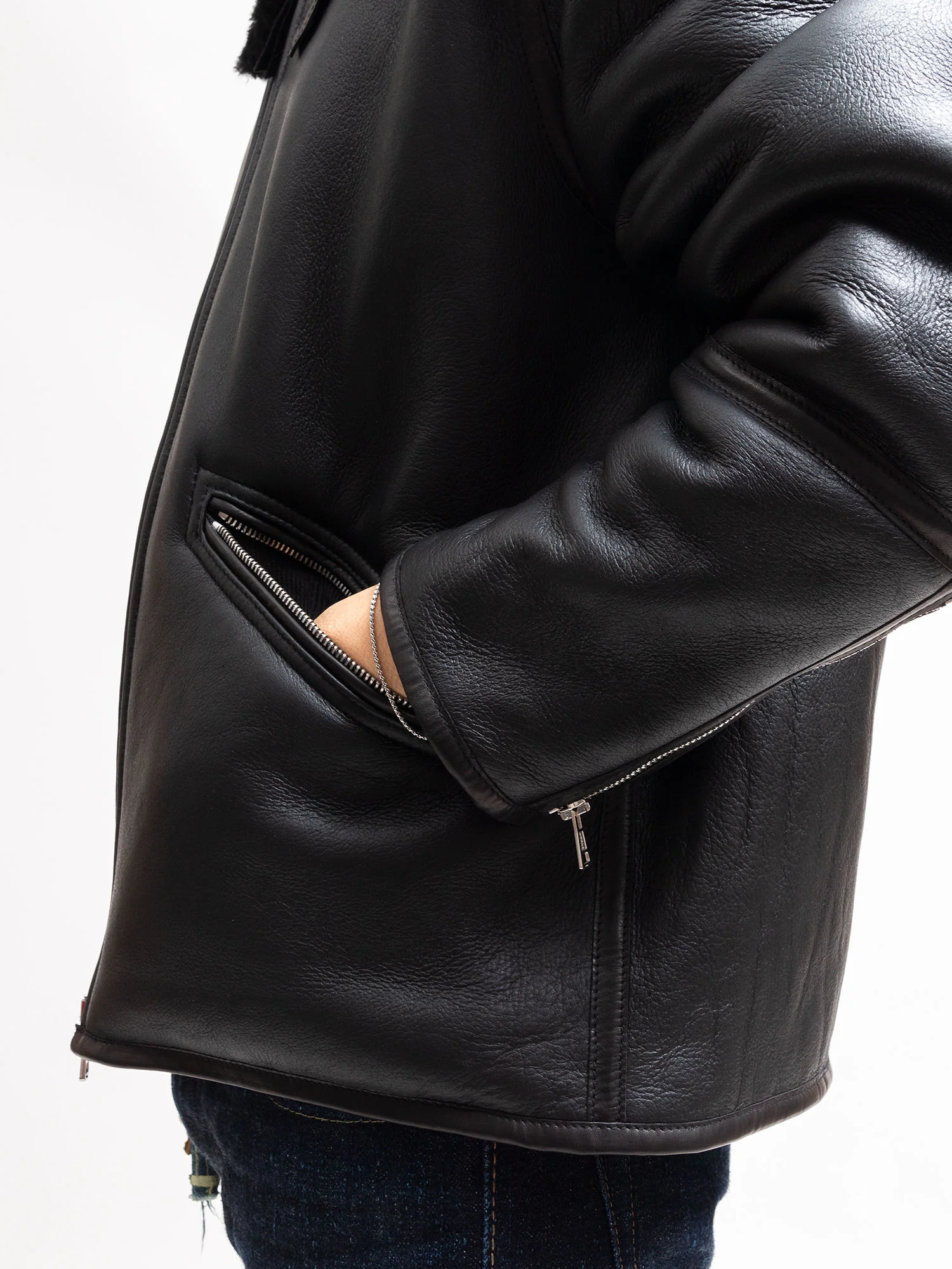 Shearling Flight Jacket in Black - Image 4