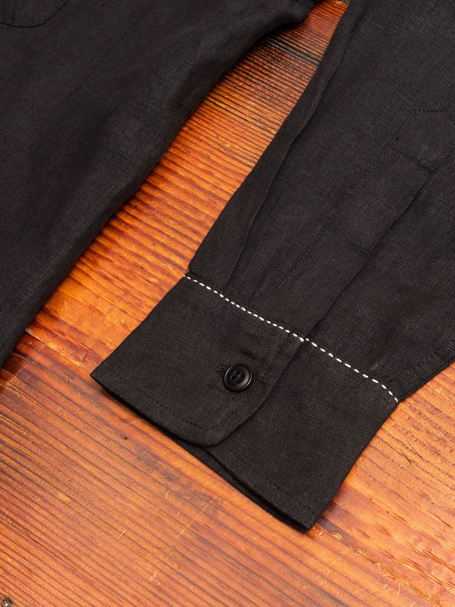 "Studio Embroidered" Loop Collar Shirt in Black Linen - Image 6