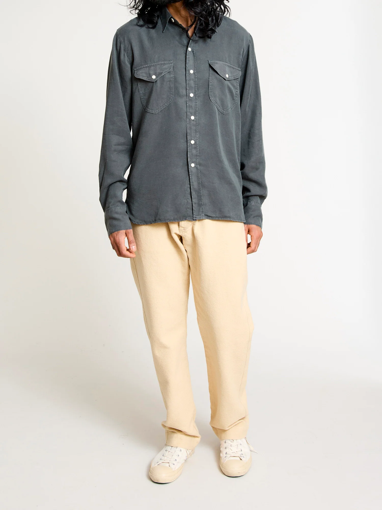 Tencel Gabardine Pearl Snap Shirt in Faded Black - Image 12