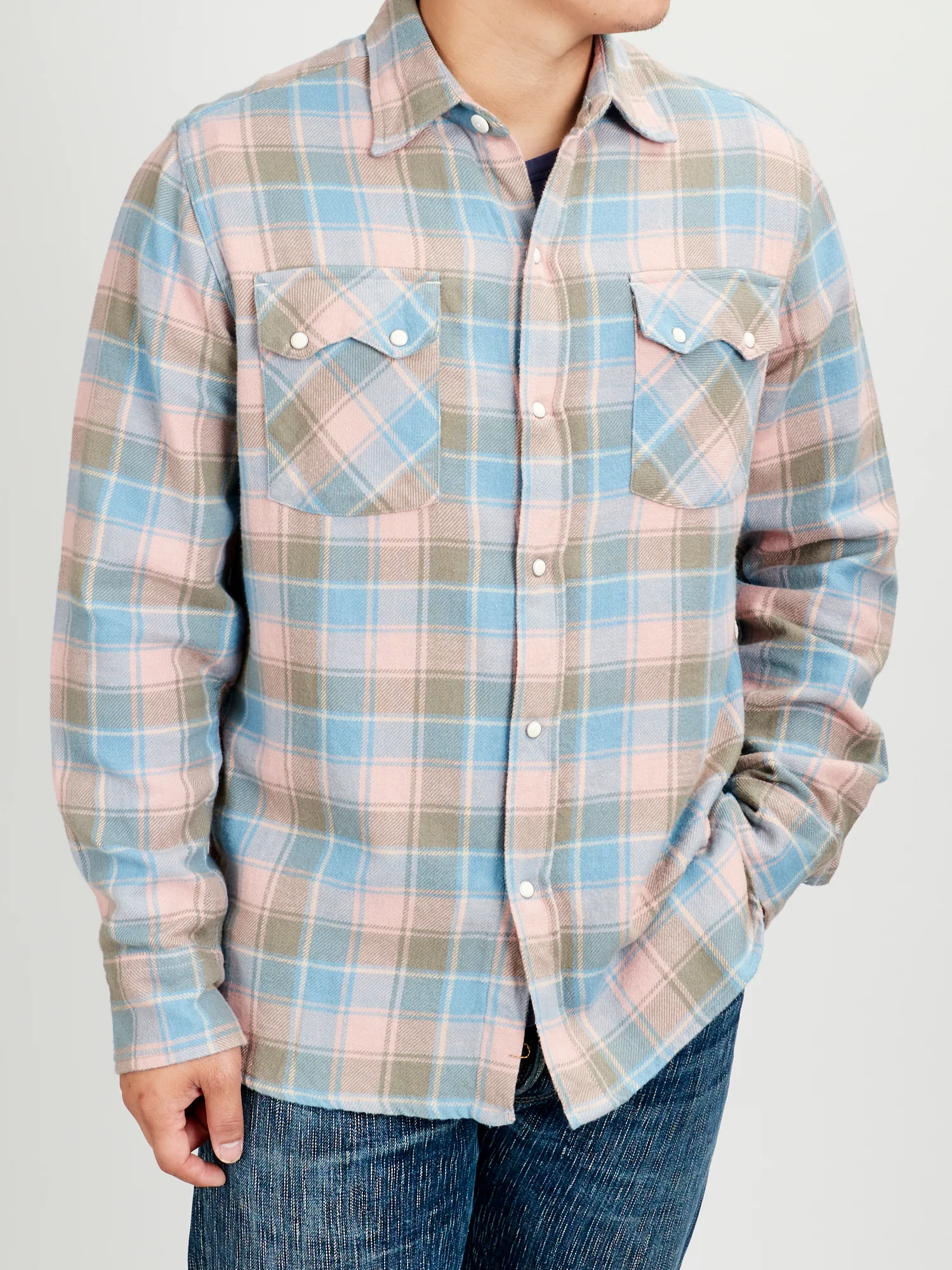 Washed Flannel Pearl Snap Shirt in Trout River - Image 2